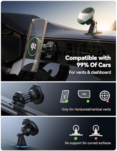 Transform Your Driving Experience with the JOYROOM Qi2 15 W Mag Safe Wireless Car Charger – Fast, Secure Magnetic Mount for i Phone 16 Pro Max, 15, 14, 13, 12 – Versatile Dashboard & Air Vent Installation for Effortless Charging and Navigation – Sleek Design for Any Vehicle Interior