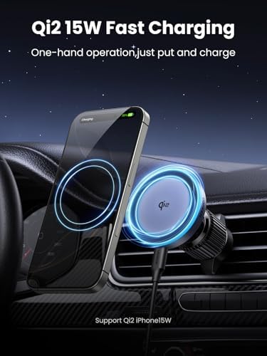UGREEN Qi2 Magnetic Wireless Car Charger – 15 W Fast Charging Mount for i Phone 12-16 Series | Seamless Power Solution with LED Indicator for Effortless On-the-Go Charging and Secure Device Stability