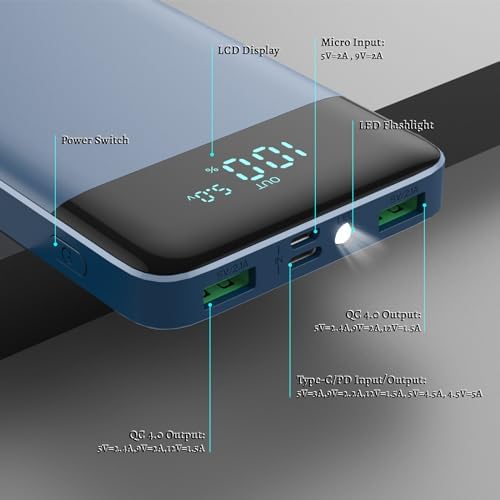Ultra Slim 10800 m Ah Portable Charger with LCD Display – Fast Charging Power Bank with 20 W PD USB-C Output, Ideal for i Phone 15, 14 & Samsung Android – Compact Power Solution for On-the-Go Charging