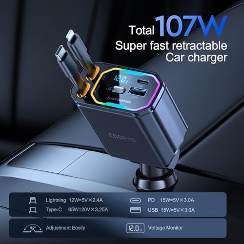 Revolutionary 4-in-1 Retractable Car Charger – 146 W Fast Charging Solution with PD 65 W & 30 W Outputs, 2.9 ft Tangle-Free Cord, RGB Light for Enhanced Visibility, Perfect Compatibility for i Phone 16/15/14/13/12, Android Devices & Laptops – Sleek Gray Design for Modern Vehicles