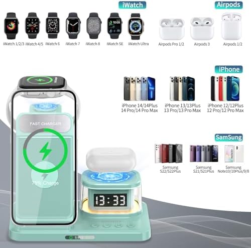 Elevate Your Charging Game: 5-in-1 Foldable Wireless Fast Charger with Integrated Night Light & Transparent Clock for Apple Devices – Ideal for i Phone 16/15/14/13/12/11 Pro Max, Apple Watch, and Air Pods – Sleek Green Design for Ultimate Portability and Style