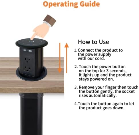 ZESHAN Sleek Pop-Up Power Outlet with 15 W Wireless Charging Station – Dual US Outlets, USB A & USB C PD Fast Charging Ports for Effortless Connectivity at Home or Office – Ideal for Conference Tables and Kitchen Counters, Modern Black Finish