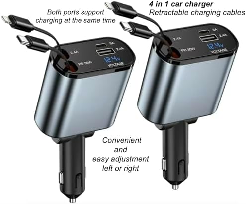 Ultimate 4-in-1 Retractable Car Charger with Dual USB Ports – 120 W Fast Charging Adapter for i Phone, Samsung Galaxy & Pixel Devices – Tangle-Free Design for Optimal On-the-Go Convenience and Universal Compatibility