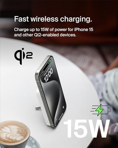 Belkin 5000 m Ah Wireless Power Bank with Qi2 Technology – Mag Safe-Compatible Portable Charger Featuring Built-in Kickstand for i Phone 16, 15, 14, 13, Plus, Pro, Pro Max – Sleek White Design for Seamless Charging on the Go – Optimal Speed & Versatile Compatibility