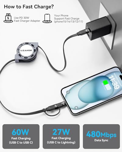 Dual-Purpose 60 W Fast-Charging Retractable USB-C to Lightning/Type-C Cable Set – 4 ft Length, 2-Pack for i Phone 13/14/15/16 Pro Max, i Pads & Samsung Devices – Ultimate Convenience and Durability for Everyday Use