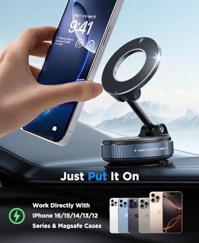 Beeasy for MagSafe Car Mount Upgraded Vacuum Suction Dashboard Phone Holder, 360° Adjustable Foldable Car Mount for iPhone 16e 16 15 14 13 12 Pro Max, Fit for Gym/Smooth Surface, Black – Enhanced Compatibility and Speed