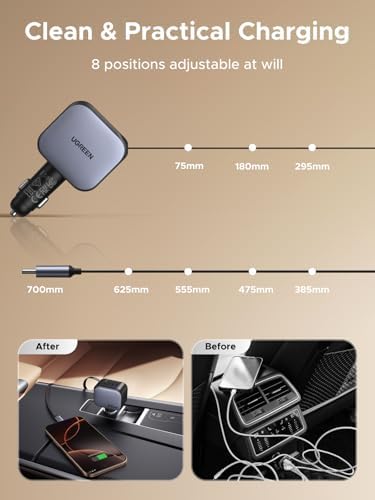 UGREEN 60 W 3-Port Retractable Car Charger with Dual USB-C & USB-A Ports – Rapid Charging Solution for i Phone 16/15, Galaxy S25/S24, i Pad & GPS – Compact Cigarette Lighter Adapter for Enhanced Versatility and Efficiency on the Road