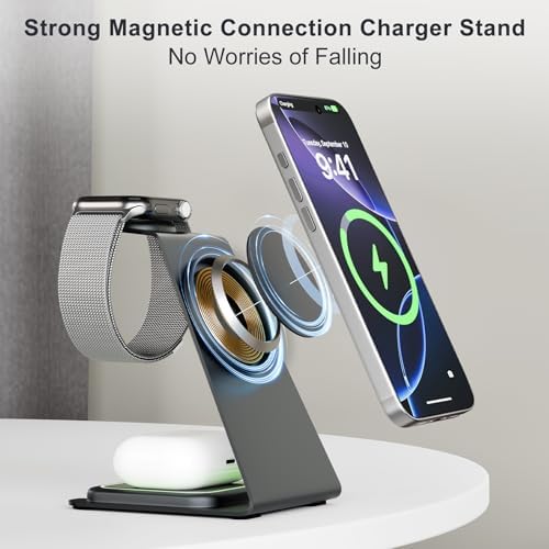 Ultimate 3-in-1 Magnetic Wireless Charging Station: Rapid 15 W Charger for i Phone 16/15/14/13/12 Pro Max, Apple Watch Ultra, and Air Pods Series – Portable Desk Dock with Adjustable Night Light for Home, Office, and Travel – Enhanced Compatibility and Safety Features