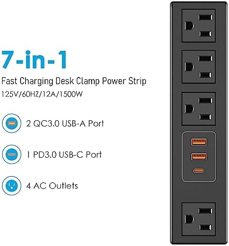CCCEI Universal Desk Clamp Power Strip with Dual USB Ports – Advanced 1200 J Surge Protector for Desktop Mounting, Fast Charging Convenience, 6 FT Flat Plug, Ideal for Bulky Adapters, Fits 1.9 Inch Tabletops – Optimize Your Workspace Efficiency and Safety
