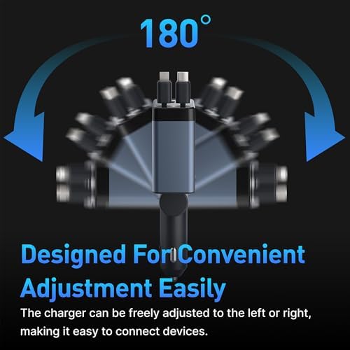 High-Performance 120 W Retractable Car Charger Adapter – Fast Charging Solution with 2.6 ft Cables, 180° Adjustable Design, and Real-Time Voltage Display for Ultimate Device Compatibility and Convenience