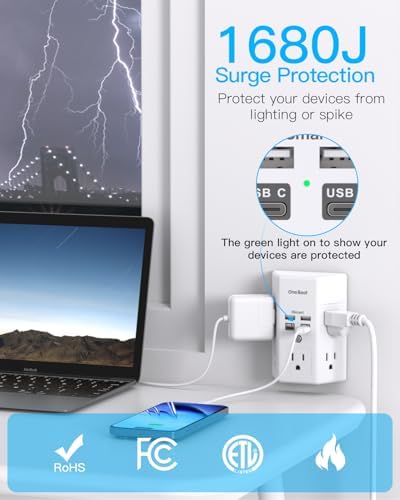 Maximize Power Efficiency with Our 5-Outlet Surge Protector and 4-Port USB Charger – Wall-Mountable Power Strip with 1680 Joules Protection for Home and Office Use, Featuring Fast USB C PD 20 W Charging for All Devices, Ideal Multi-Plug Adapter for an Organized Workspace