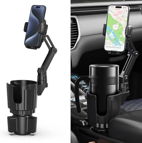 Universal Car Phone Holder and Cup Holder Expander – 2 in 1 Adjustable Mount with 360° Rotation for Safe Hands-Free Navigation – Compatible with All Smartphone Models – Effortless Installation and Durable Design for Enhanced Driving Comfort