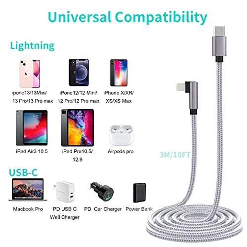 10 FT Right Angle Lightning to USB C Cable – MFi Certified Fast Charging & Data Sync Cord for i Phone 14/13/Pro/12/Max/11/X/XS/XR/8 – Durable Nylon Braided Design, Perfect for Gaming & Movie Watching – 480 Mbps Transfer Speed, Universal Compatibility with Apple Devices, 10000+ Bend Test Resistance, Safe Charging with No Warning Messages – Ideal for Mobile Gamers & Power Users