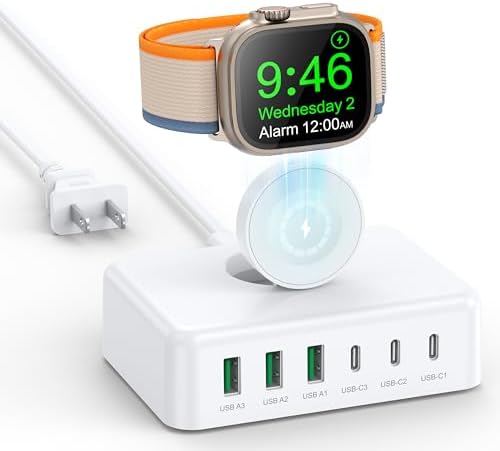 Ultimate 125 W USB-C Multi-Device Charging Station: 6-Port Fast Charger with Ga N Technology for i Phone, i Pad, Apple Watch, Galaxy S23 & More – Compact Power Hub for Home & Office Efficiency