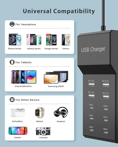 Ultimate Family-Sized 10-Port USB Charging Hub with Smart Auto-Detect Technology – Efficient Multi-Device Power Station for Home and Office – Rapid Charging Solution for Smartphones, Tablets, and Headphones – Safety-Enhanced USB Charger Station for Seamless Connectivity