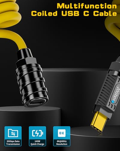 Premium Poyiccot Coiled USB C to USB C Cable – 140 W Power Delivery, 20 Gbps High-Speed Data Transfer, 8 K Video Output | Durable Spring Design for Tangle-Free Travel | Perfect for i Phones, Mac Books & More | 5 ft Length for Effortless Organization and Versatile Use