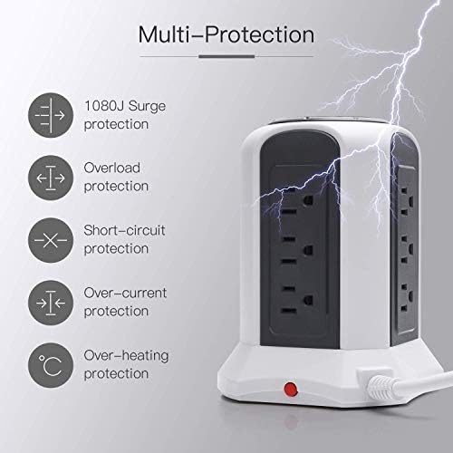 Maximize Charging Efficiency with SUPERDANNY 10 ft Power Strip Tower – 9-Outlet Surge Protector & 4 USB Ports, Featuring Wireless Charging for Seamless Device Management, Perfect for Home & Office Use in Elegant White and Gray Design