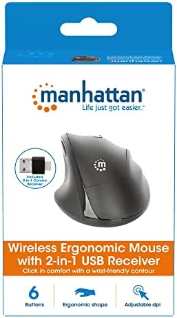 Enhance Your Productivity with the MANHATTAN Wireless Compact Travel Mouse – Versatile 2.4 GHz RF Connection, Adjustable 800/1200/1600 DPI, Six Customizable Buttons, USB-A & USB-C Dual Receiver for Ultimate Compatibility – Perfect for Laptops, PCs & On-the-Go Professionals – Backed by a 3-Year Warranty for Peace of Mind