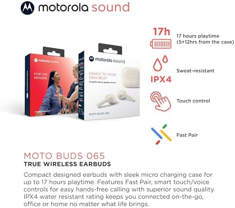 Motorola Moto Buds 065 True Wireless Earbuds – Extended 17-Hour Battery Life, IPX4 Splash Proof Design, Advanced Touch Control, and ENC Microphone for Superior Call Clarity – Noise Isolation Headphones in Stylish Moonless Night Finish for Ultimate Comfort and Connectivity