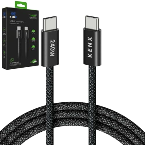 KENX USB-C 240 W Fast Charging Cable – PD 3.1 Certified, 6.6 ft Durable Nylon Braided Design for Rapid Charging & Data Transfer – Compatible with Mac Book, i Phone 15/16 Pro, Steam Deck, Android, Dell & Lenovo – Ultimate Versatility & Reliability