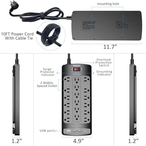 Maximize Your Power Supply with the 18-Outlet Surge Protector Power Strip – 6 Feet Heavy-Duty Extension Cord Featuring 4 Fast USB Ports, 2100 Joules of Surge Protection, and ETL Certification for Ultimate Safety and Compatibility