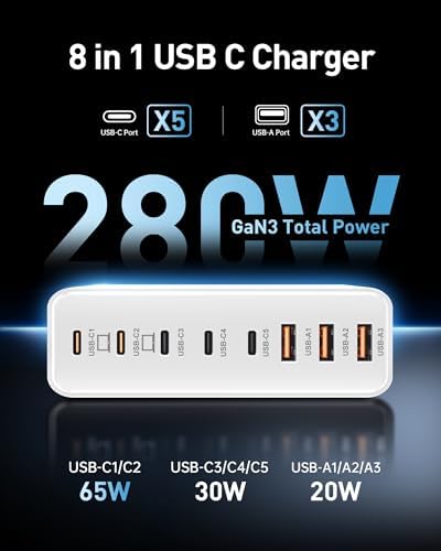 Revolutionize Your Charging Routine with the 280 W Ga N USB-C 8-Port Fast Charging Station – Power Up Laptops, Smartphones & More with PD 65 W Compatibility for Mac Book Pro/Air and Dell – Compact & Lightweight Design Perfect for Home, Office, and Travel – Universal Fast Charger for i Phone, Samsung Galaxy & All USB-C Devices