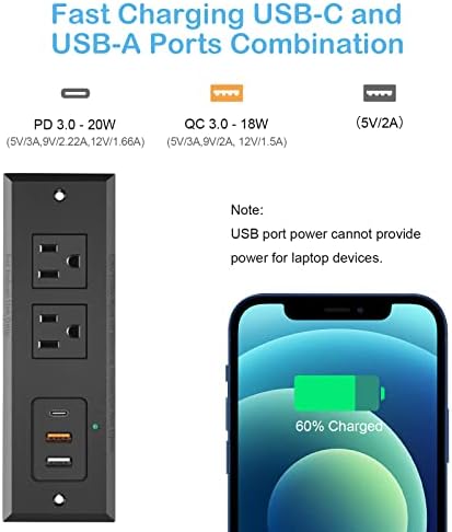 Revolutionize Your Charging Setup with the CCCEI Recessed Power Strip Featuring 20 W USB-C Fast Charging and USB-A Port – Sleek Hidden Outlet Solution for Side and End Tables, Complete with 6 FT 45-Degree Flat Plug for Effortless Installation and Enhanced Device Compatibility