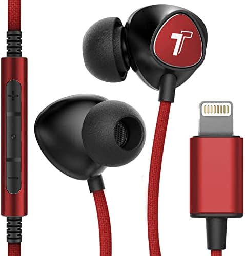 Thore V110 MFi Certified Braided Lightning Earbuds for i Phone – Sweat & Water-Resistant In-Ear Headphones with Built-in Mic and Volume Control – Perfect for Active Lifestyles and Seamless Connectivity with i Phone 12/13/14 Pro Max – Stylish Red Design for Enhanced Durability and Comfort