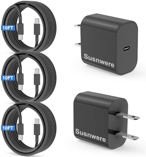 Ultimate 20 W Fast Charging Solution: 10 Ft i Phone 15 Charger with 3 Durable USB-C Cables & Dual Wall Adapters – Compatible with i Phone 15/15 Pro/Pro Max, i Pad Pro, Air Pods, and Samsung Devices for Rapid Power-Up and On-the-Go Convenience