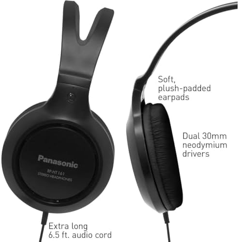 Panasonic RP-HT161-K Ultra-Lightweight Over-Ear Wired Headphones for Music Lovers – Experience Enhanced Bass and Crystal Clear Audio – Perfect for Long Listening Sessions with 3.5 mm Jack Compatibility for Smartphones and Laptops – Soft Ear Pads for Maximum Comfort and Noise Isolation – Ideal for Daily Use and Commutes