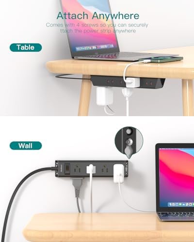 Ultra-Thin Flat Plug Power Strip with 12 AC Outlets – Addtam 5-Ft Surge Protector for Desk and Wall Mount – Multi-Device Charging Station for Home and Office – 1050 Joules Protection, Space-Saving Design for Tidy Workspaces and Enhanced Connectivity