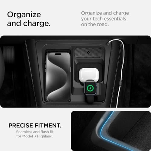 Spigen 3-in-1 Wireless Charging Organizer Mount for Tesla Model 3 (2024/2025 Highland) – Multifunctional Charging Station for i Phone, Air Pods & Apple Watch – Sleek Design, Enhanced Device Compatibility, Effortless Installation