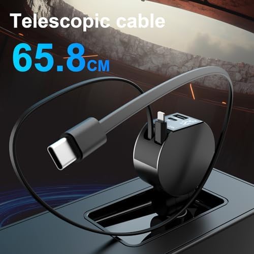 Leinsis 4-in-1 65 W Retractable Car Charger with USB-C & Lightning Ports – Ultimate Multi-Device Charging Solution for i Phone 16/15/14/13/12/11, Galaxy & Pixel – Compact, High-Speed, Tangle-Free Convenience for On-the-Go Power