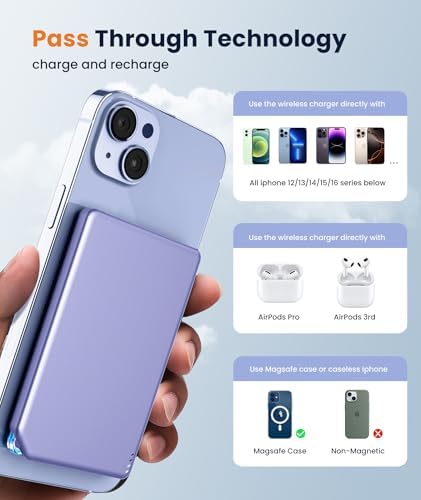 Ultra-Compact Blue Magnetic Wireless Power Bank for i Phone 12-16 Pro Max – 5000 m Ah Fast-Charging Battery Pack with Seamless Attachment for On-the-Go Convenience and Enhanced Compatibility – Essential Travel Accessory for Effortless Energy Backup