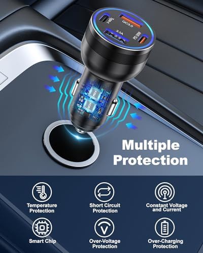 Agtray 65 W 4-Port Fast Charging Car Charger with 6 FT USB C Braided Cable – High-Performance USB C Adapter for i Phone 16, Samsung Galaxy S25, and Pixel 9 – Ultimate Multi-Device Charging Solution for Road Trips and Daily Commutes – Compact, Durable, and Safety-Enhanced Car Accessory