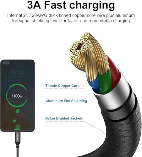Premium 10 FT Braided USB Type-C Cable 5-Pack – High-Speed 3 A Fast Charging for Samsung Galaxy S10/S9/S8 Plus, Note 10/9/8, LG V50/V40/G8/G7 – Durable and Flexible Charge & Data Transfer Solution – Essential Accessory for Home, Office, and Travel