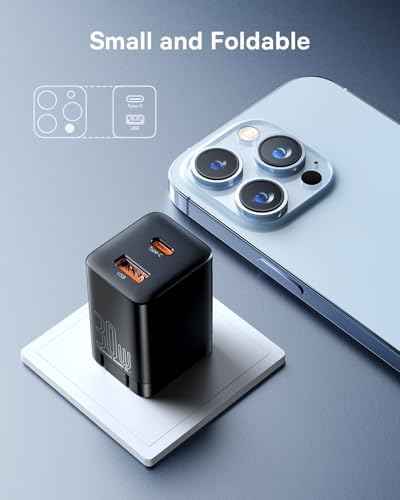 Baseus 30 W Dual Port USB C PD Charger Block – Ultra-Fast Charging Solution with Foldable Plug for i Phone 15 Series, i Pad Pro, Samsung Galaxy, and Pixel 6 – Compact Design for Travel and Home Use, Enhanced Safety Features for Reliable Performance