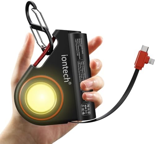 Wearable Power Bank with Built-in Retractable Cables and LED Flashlight – 5000 m Ah Portable Charger for Quick USB-C Fast Charging (22.5 W) – Universal Compatibility for i Phone and Android Devices – Lightweight Outdoor Essential for Seamless Connectivity