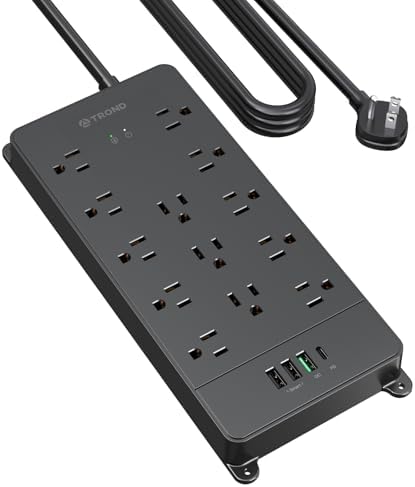 Maximize Your Power Potential with the TROND Heavy-Duty Surge Protector Power Strip: 13 Wide-Spaced Outlets, 32 W Quick Charge USB-C, 4000 Joules Protection, 5 ft Flat Plug Extension Cord, Wall Mountable Design for Seamless Integration in Home and Office Spaces – ETL Listed for Ultimate Safety and Reliability
