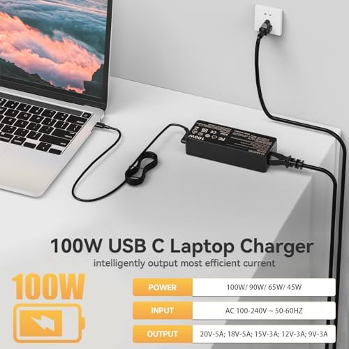 Universal 100 W USB-C Power Adapter for High-Speed Charging – Compatible with Lenovo, HP, Dell, Mac Book, and More – Multi-Device Charger with Dynamic Output and Superior Safety Features for Enhanced Performance and Reliability