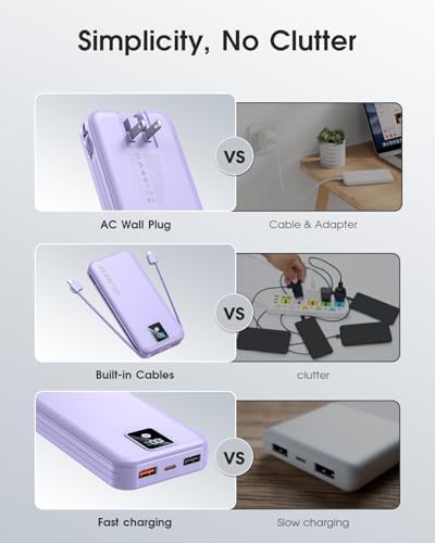 High-Efficiency 12000 m Ah Portable Power Bank with Built-In Cables and AC Plug – USB-C 22.5 W Fast Charger for i Phones, i Pads, Samsung Devices – Lightweight, Compact External Battery for Ultimate Mobility and Enhanced Device Compatibility