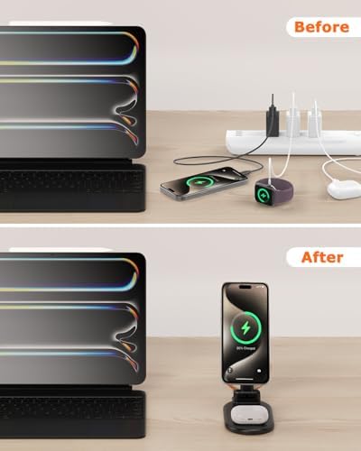 Magnetic 3-in-1 Wireless Charging Station for i Phone 12/13/14/15/16, Fast 15 W Foldable Charger for Apple Watch & Air Pods – Portable Multi-Device Power Hub in Sleek White Finish for Travel Convenience & Enhanced Compatibility