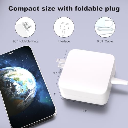 Universal 45 W Mac Book Air Charger – Magnetic T-Tip AC Power Adapter for A1436, A1466, A1465 Models – Compact & Lightweight with Foldable Plug – Fast Energy Delivery for 11″ and 13″ Laptops (2012-2017) – CE/Ro HS Certified for Safety – Includes 6 ft Power Cord & Free Rechargeable Charger – 12-Month Satisfaction Guarantee