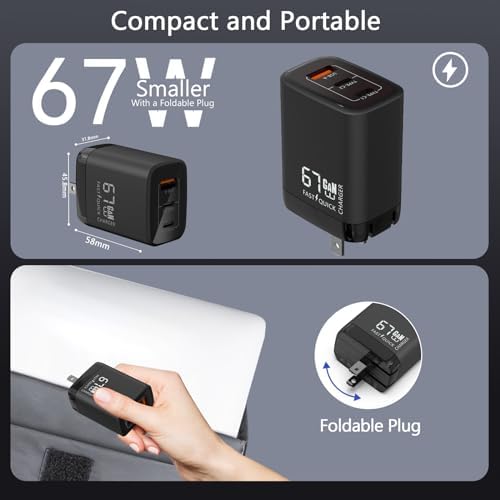 67 W Ga N USB-C 3-Port Fast Charger – Compact, High-Speed Wall Charger for Mac Book Pro/Air, i Phone 15/14/Pro, Galaxy S23/S22 & More – Ultimate Compatibility & Power Efficiency