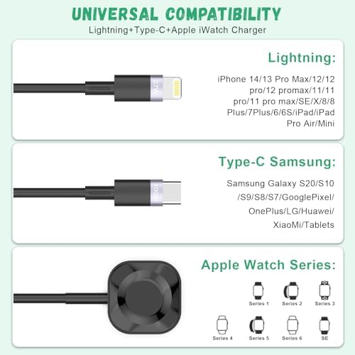 Ultimate 100 W 5-in-1 Retractable Charging Cable – Versatile Fast Charging Solution for i Phone, i Pad, and Apple Watch | USB A/Type C to Lightning & USB C Compatibility | Compact 4 FT Design for Travel Convenience | Durable High-Speed Multi-Device Cord for Everyday Use