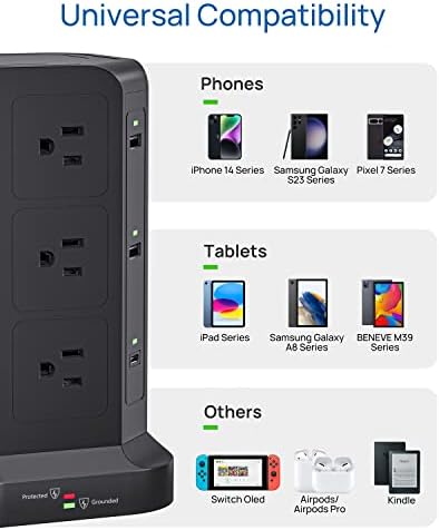 KOOSLA Power Strip Tower – 12 AC Outlets & 6 High-Speed USB Ports with 15 A Surge Protection – 6.5 ft Heavy-Duty Extension Cord for Home Office & Dorm Room – Compact Design for Efficient Power Distribution – Versatile Charging Station for Multiple Devices