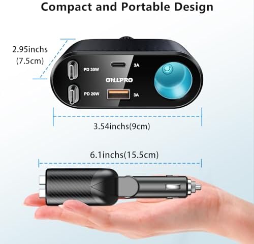 OHLPRO 168 W Retractable Car Charger Adapter – 5-in-1 Fast Charging Solution with Universal USB-C & USB i Ports, Built-in Replaceable Fuse for Enhanced Safety, Ideal for Smartphones, Tablets, GPS & More – Compact Design for Effortless Storage and Convenience