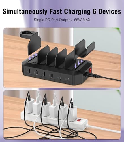 95 W Multi-Device Fast Charging Station – 6-Port USB Dock with 2 PD Ports for Quick Power-Up | UL & FCC Certified Safety Features | Compatible with i Phone, Android, Mac Book, i Pad, Kindle, Apple Watch & More | Sleek Design for Home & Office Charging Solutions