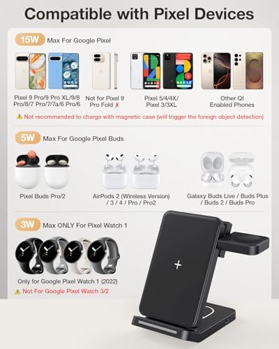 Foldable 3-in-1 Wireless Charging Station for Google Pixel Watch 1 st – 15 W Fast Charger for Pixel 9 Pro/XL, 8/7/6 Series, and Pixel Buds Pro/2 – Compact Travel Design with QC 18 W Adapter – Perfect for Home and Office Use