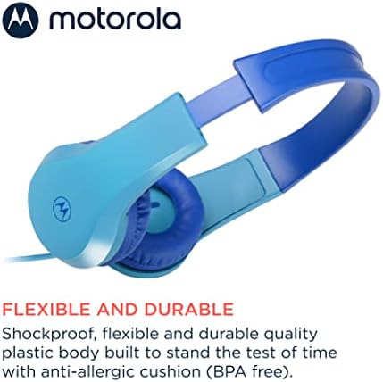 Motorola Moto JR200 Kids Over-Ear Headphones – Safe 85 d B Volume-Limited Design with Built-in Microphone & Audio Splitter – Comfortable, Durable Headphones for School, Home, and Travel in Vibrant Blue for Young Listeners
